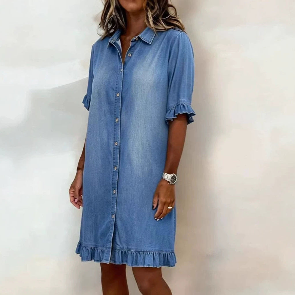 Women's Faux Denim Ruffle-Sleeve Shirt Dress