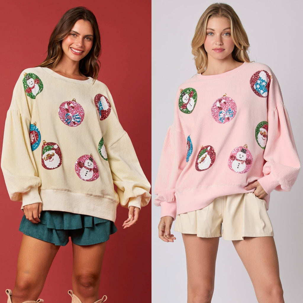 Women’s Christmas Egg Sequined Long-Sleeve Loose Sweatshirt