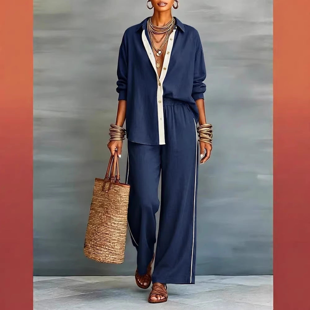 Contrast-Color Long-Sleeve Shirt & Pants Set – Two-Piece