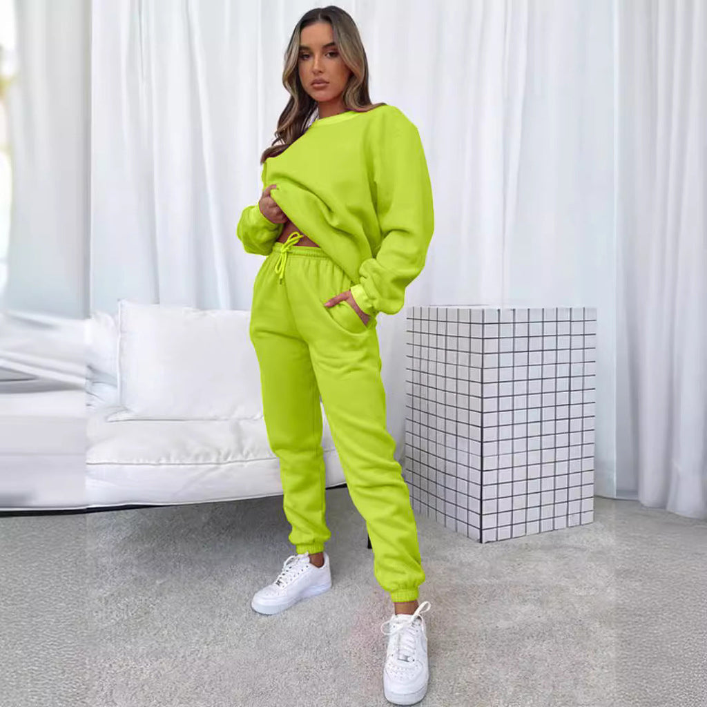 👚 Women's Solid Color Round Neck Pullover Sweatshirt & Pants Set