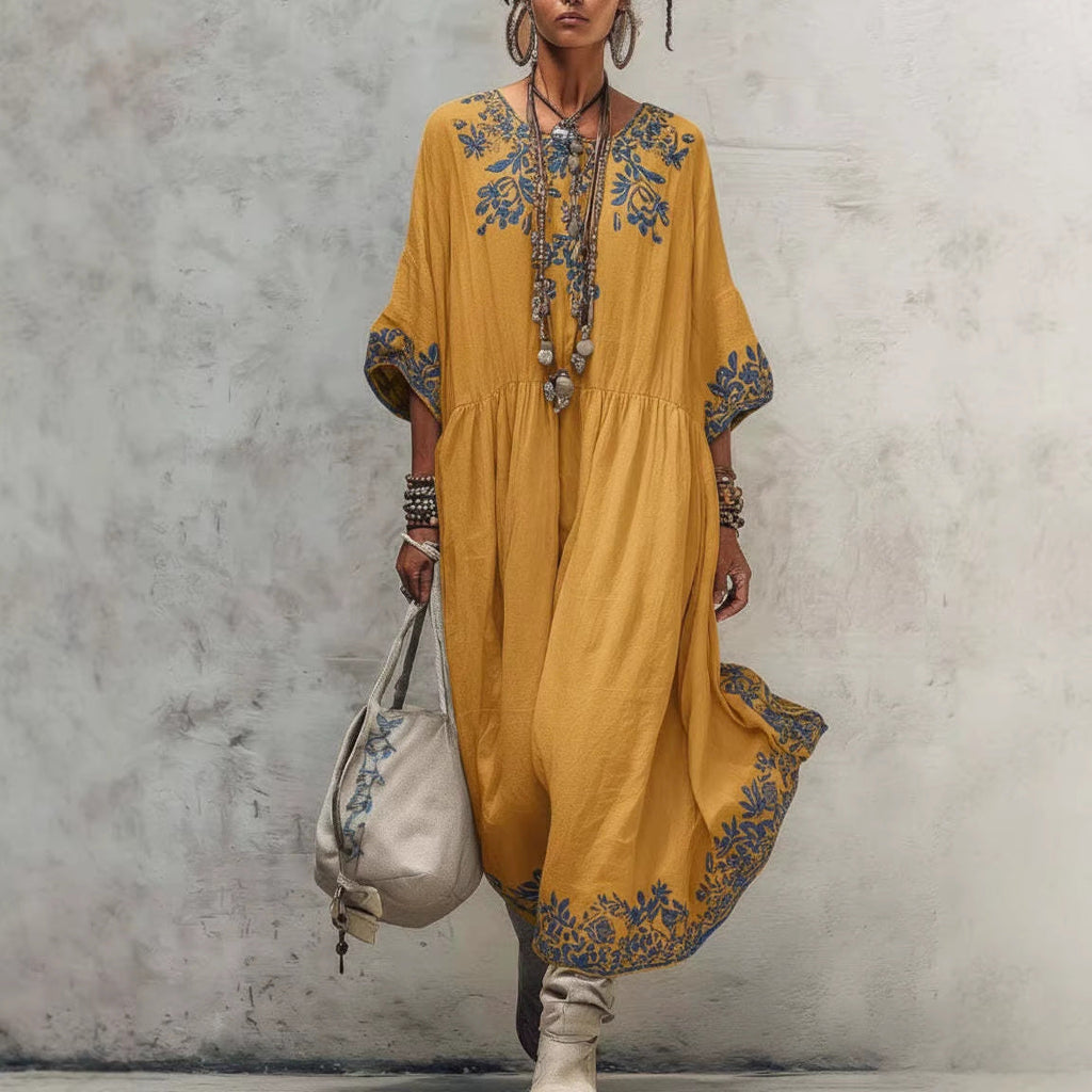 Women's Printed Batwing Sleeve Midi Dress – Loose Fit Linen Blend