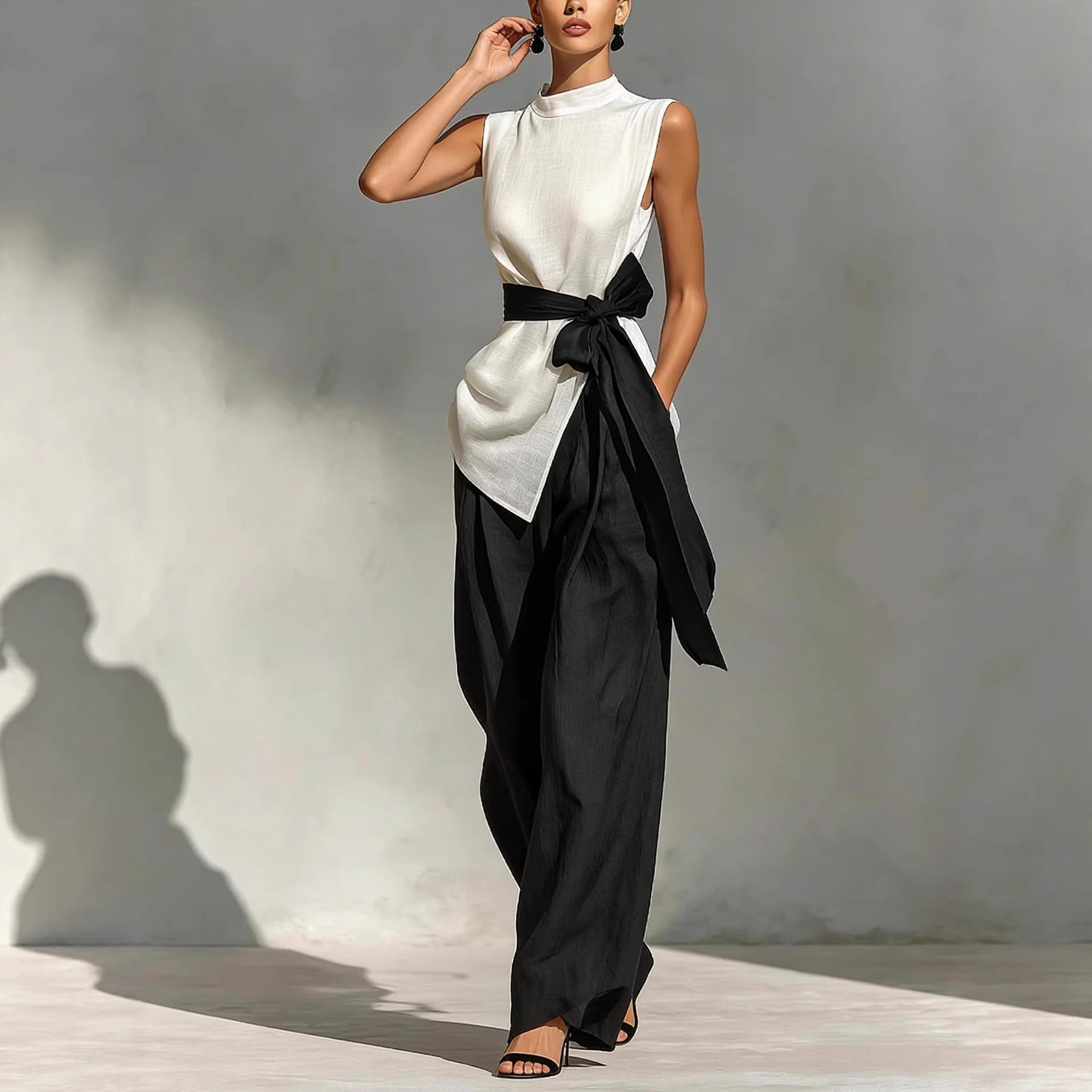 Women's Lace-Up Sleeveless Top & Wide-Leg Pants Two-Piece Set – White
