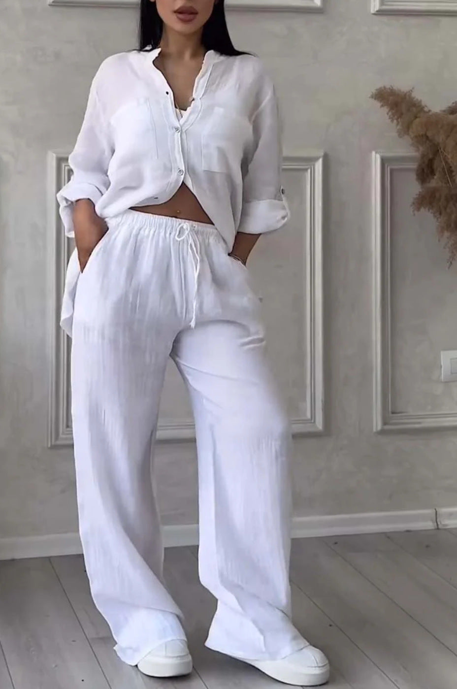 Wide-Leg Pants & Lace-Up Top Two-Piece Set – Solid Color, 12 Colors S–5XL