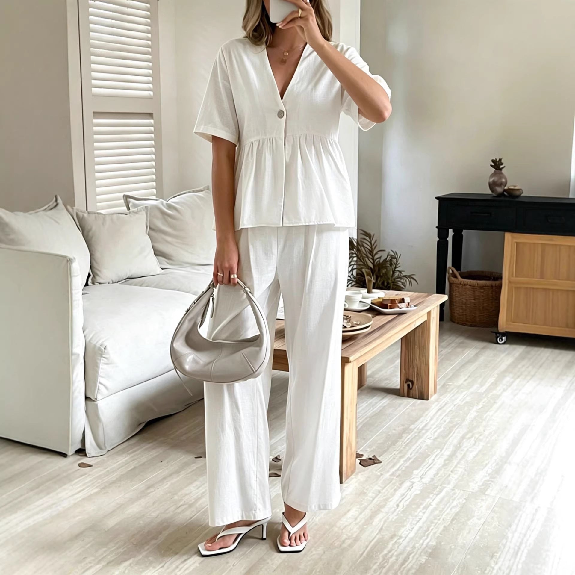 Women's V-Neck Loose Short-Sleeve Top & Wide-Leg Pants Set