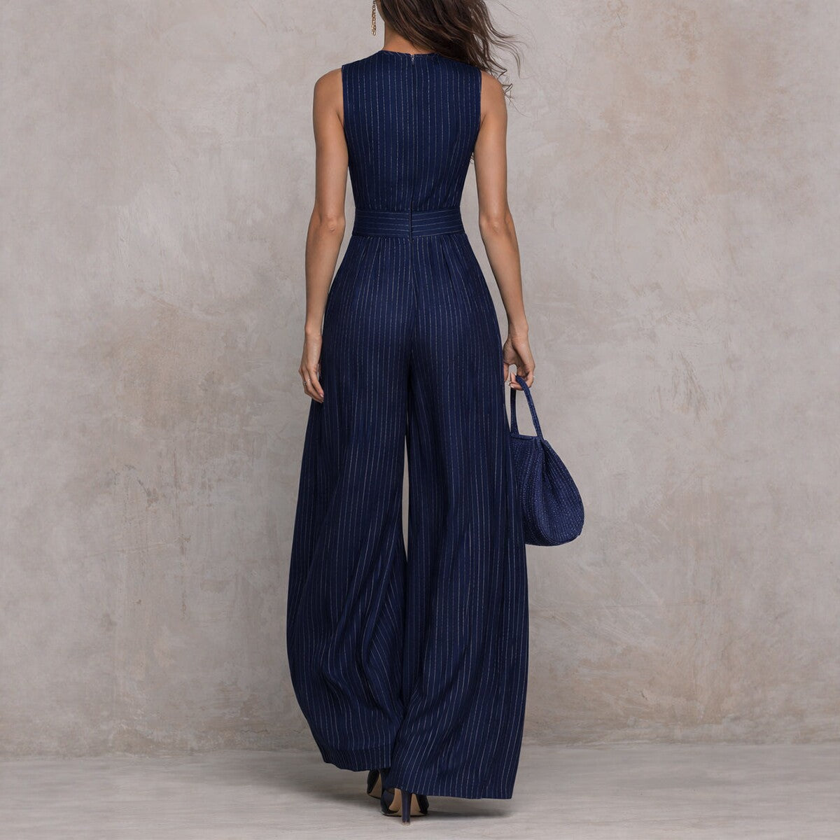 Women's Sleeveless Striped Wide-Leg Jumpsuit with Pockets
