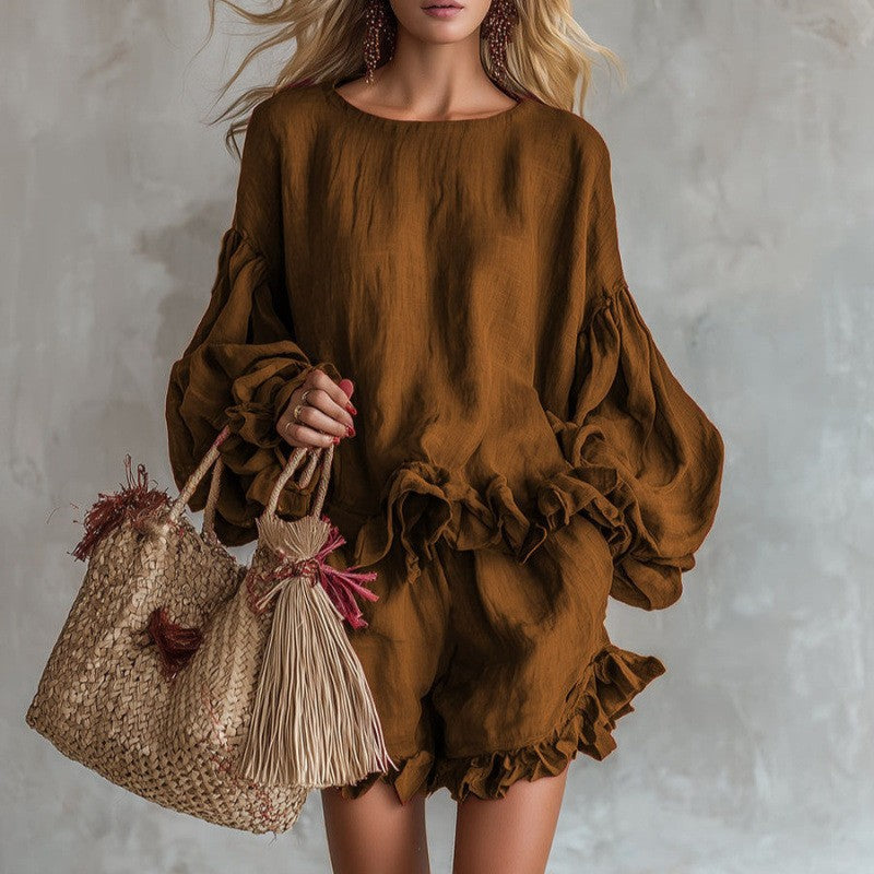 Women's Lantern Sleeve Top & Shorts Two-Piece Set – Loose Fit