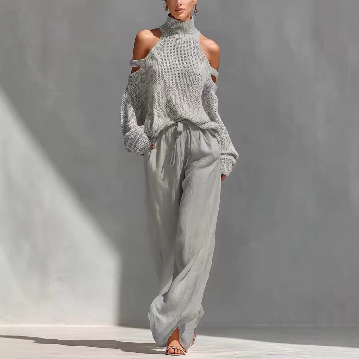 Women's Long-Sleeve Turtleneck Top & Pants Set – Elegant 2-Piece