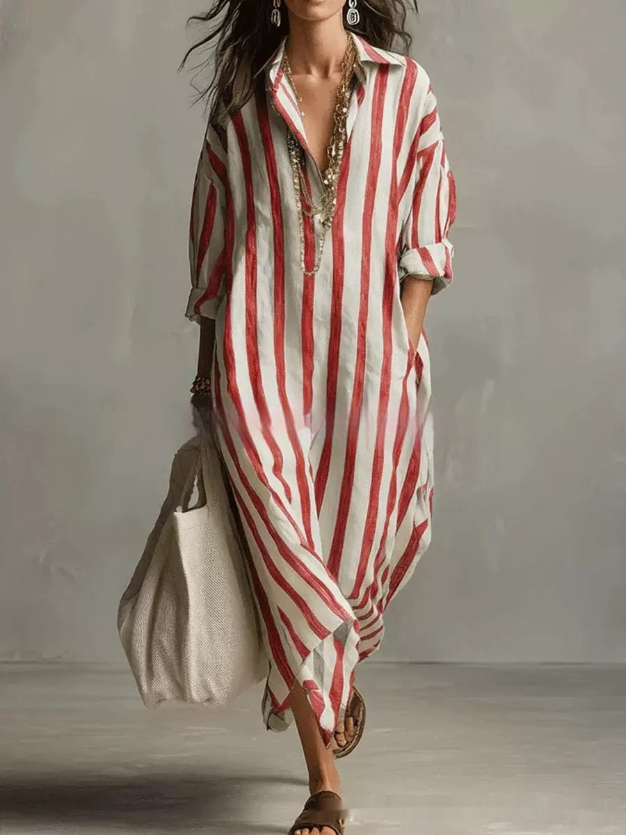 Striped Lapel Collar Dress – Side Slits & Pockets
