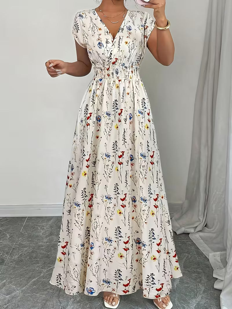 Women's V-Neck Floral Print A-Line Midi Dress – High Waist Sleeveless