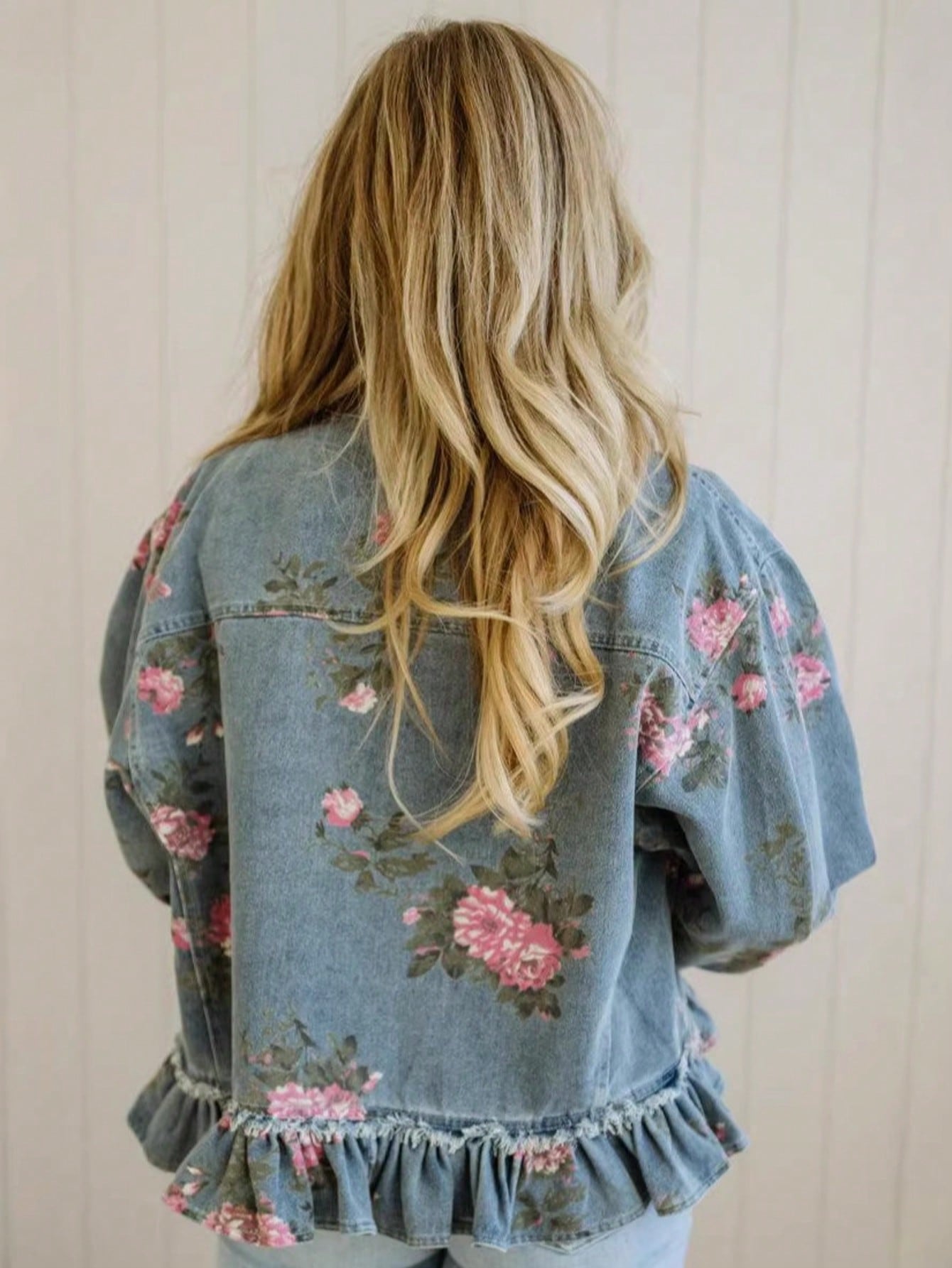 Women's Retro Floral Print Denim Jacket – Long Sleeve Collared Ruffled Hem Short Jacket