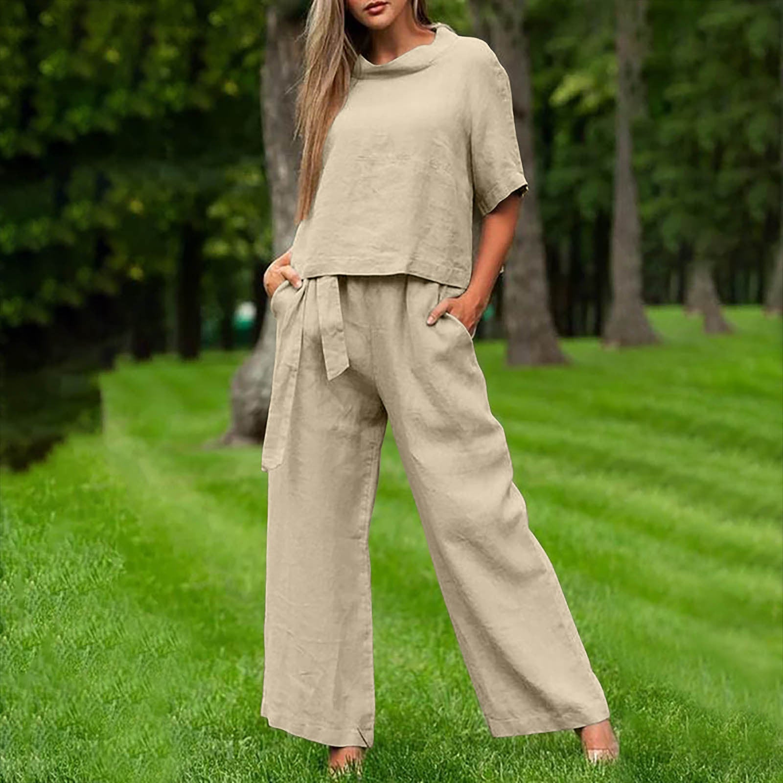 Round-Neck 3/4 Sleeve Top & Pants Two-Piece Set – 6 Colors, S–XXL