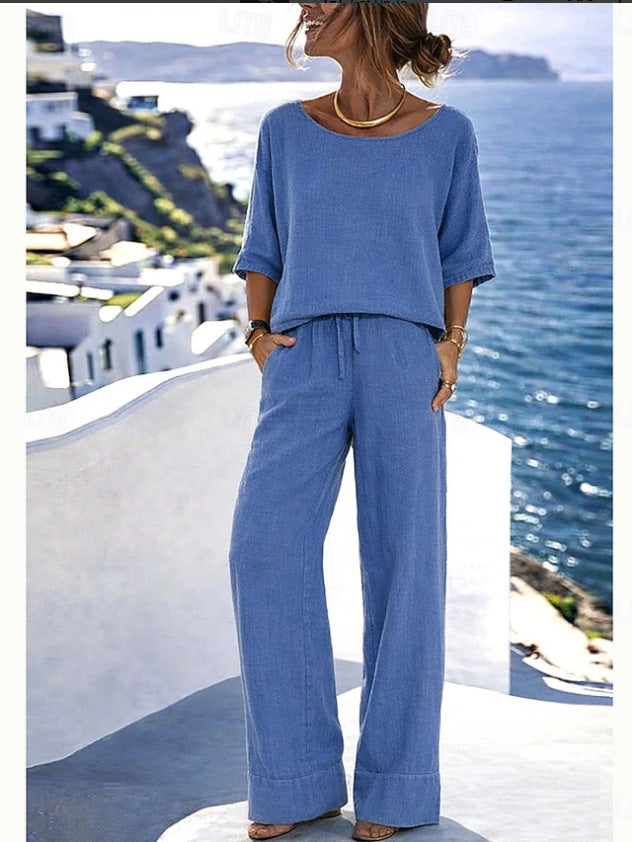 Women's Resort Set – Short Sleeve Top & Wide-Leg Pants
