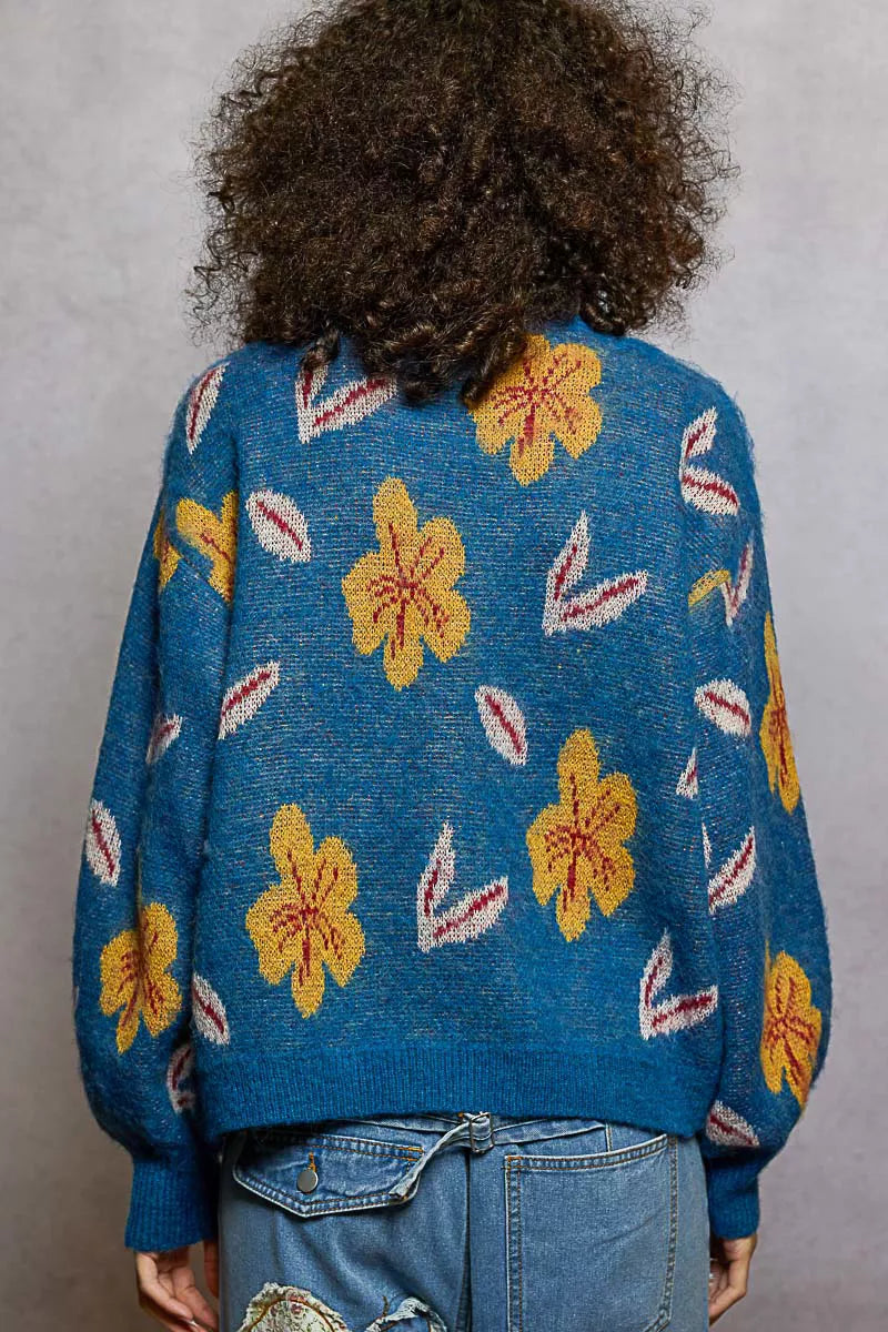 POL Floral Pattern Round Neck Balloon-Sleeve Sweater