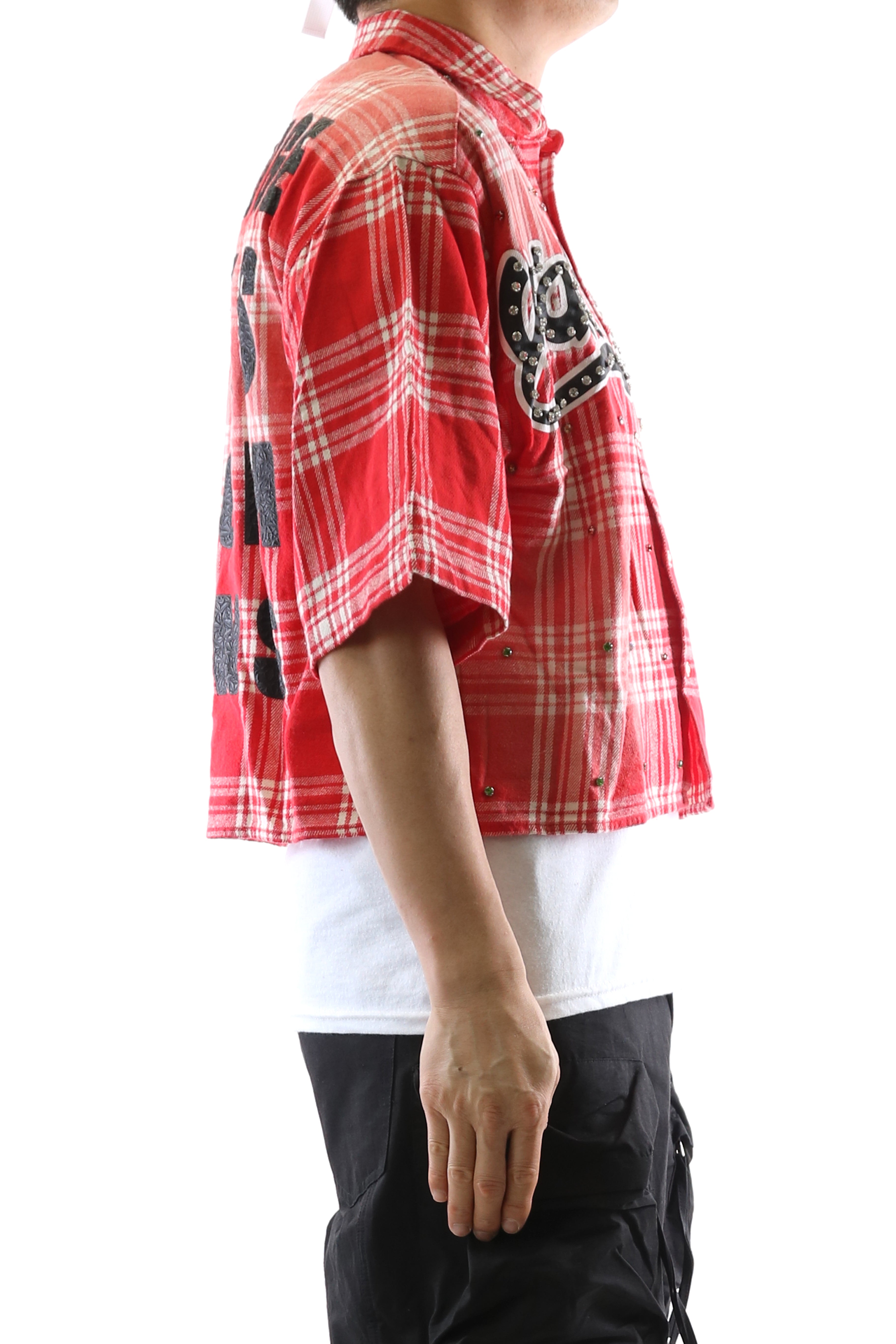 LIADE Washed Flannel Crop Top Button Down Shirt