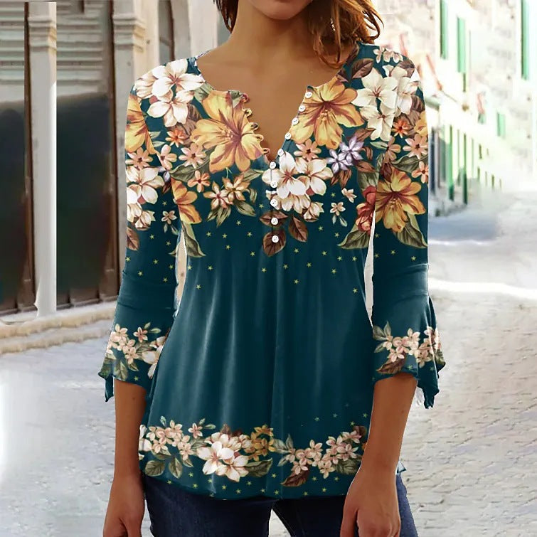 Women’s V-Neck 3/4 Sleeve Button-Front Tunic Blouse