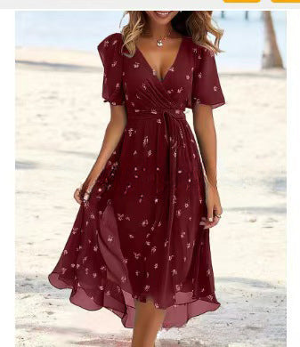 Floral Print A-Line Dress – V-Neck Short Sleeve Midi Dress