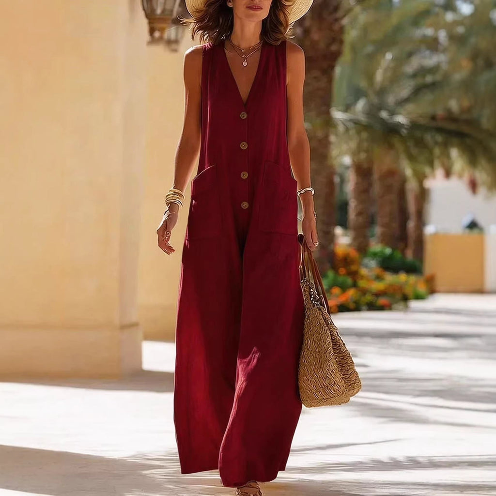 Women's Sleeveless Wide-Leg Jumpsuit – Button Pockets