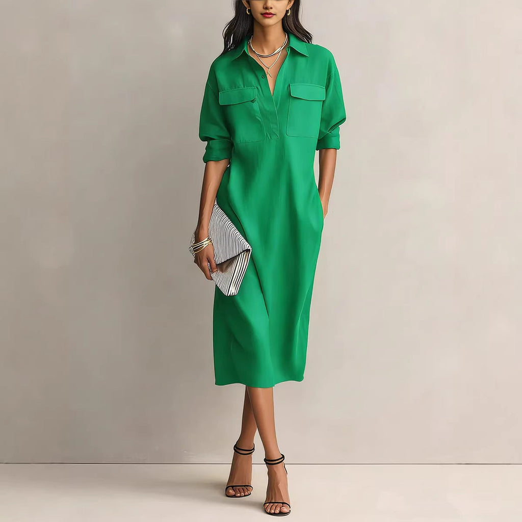 Women's Solid Color Pleated A-Line Midi Dress | Elegant Office Casual Shirt Collar Dress