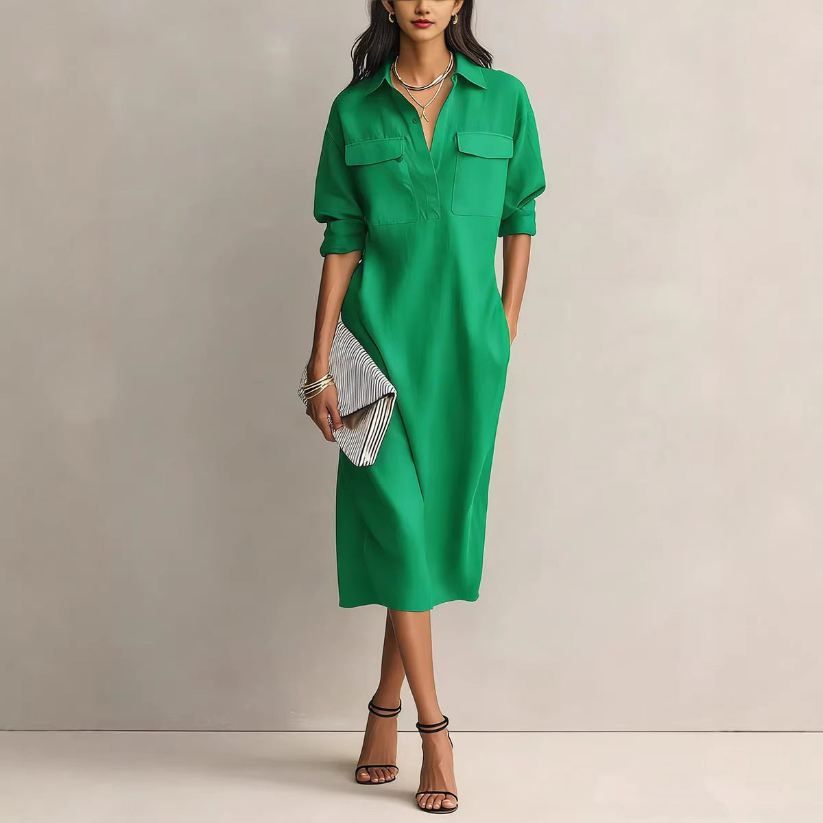 Women's Solid Color Pleated A-Line Midi Dress | Elegant Office Casual Shirt Collar Dress