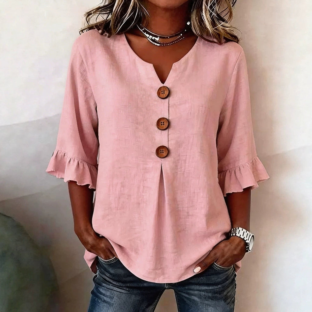 Women's Cotton Linen V-Neck Button-Up Blouse — Summer Casual Top