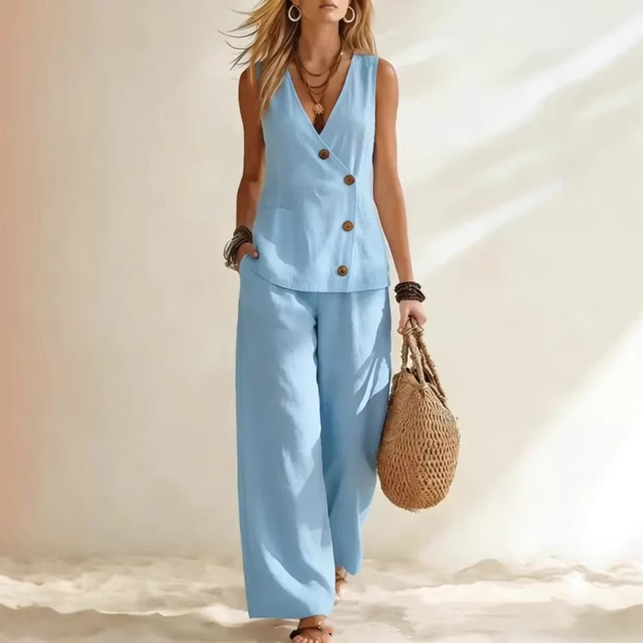 Women's Button-Up Cardigan Vest & Pants Set – Sleeveless Two-Piece