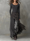 Women's Leopard Print Ribbed Knit Maxi Dress – Long Sleeve High Waist Full Skirt