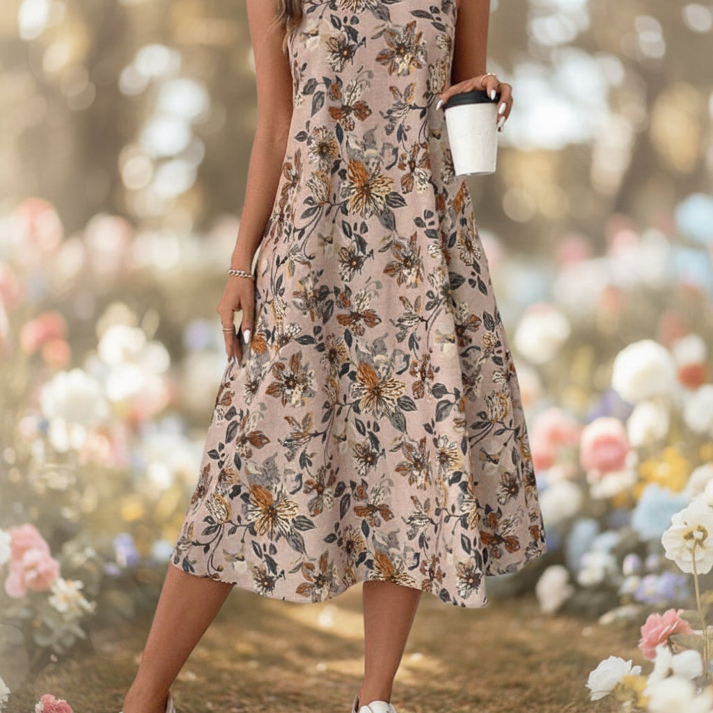 Floral Print A-Line Midi Dress with Pockets | Boho Vintage