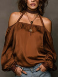 Women's Halter Neck Satin Blouse | Shoulder-Baring Long Sleeve Top in 5 Colors