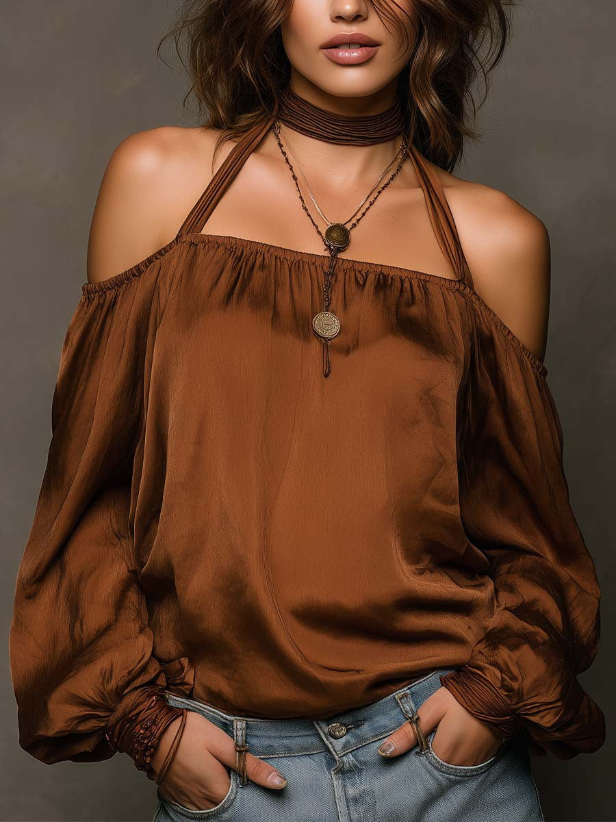 Women's Halter Neck Satin Blouse | Shoulder-Baring Long Sleeve Top in 5 Colors
