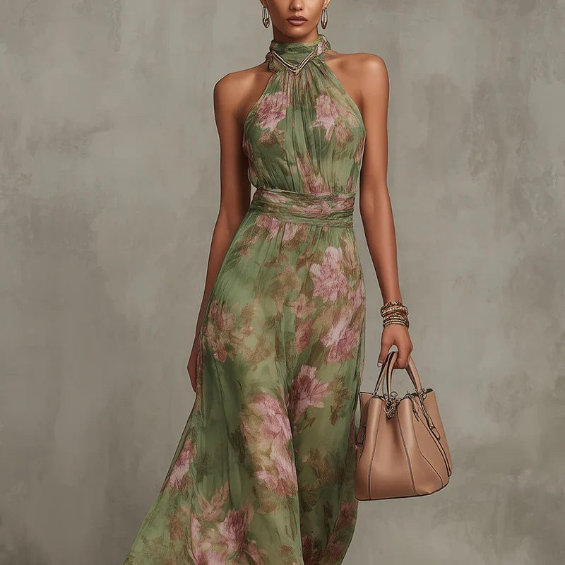 Green Graffiti Print Mesh Suspender Maxi Dress – High-Waist Irregular Slit Streetwear Dress