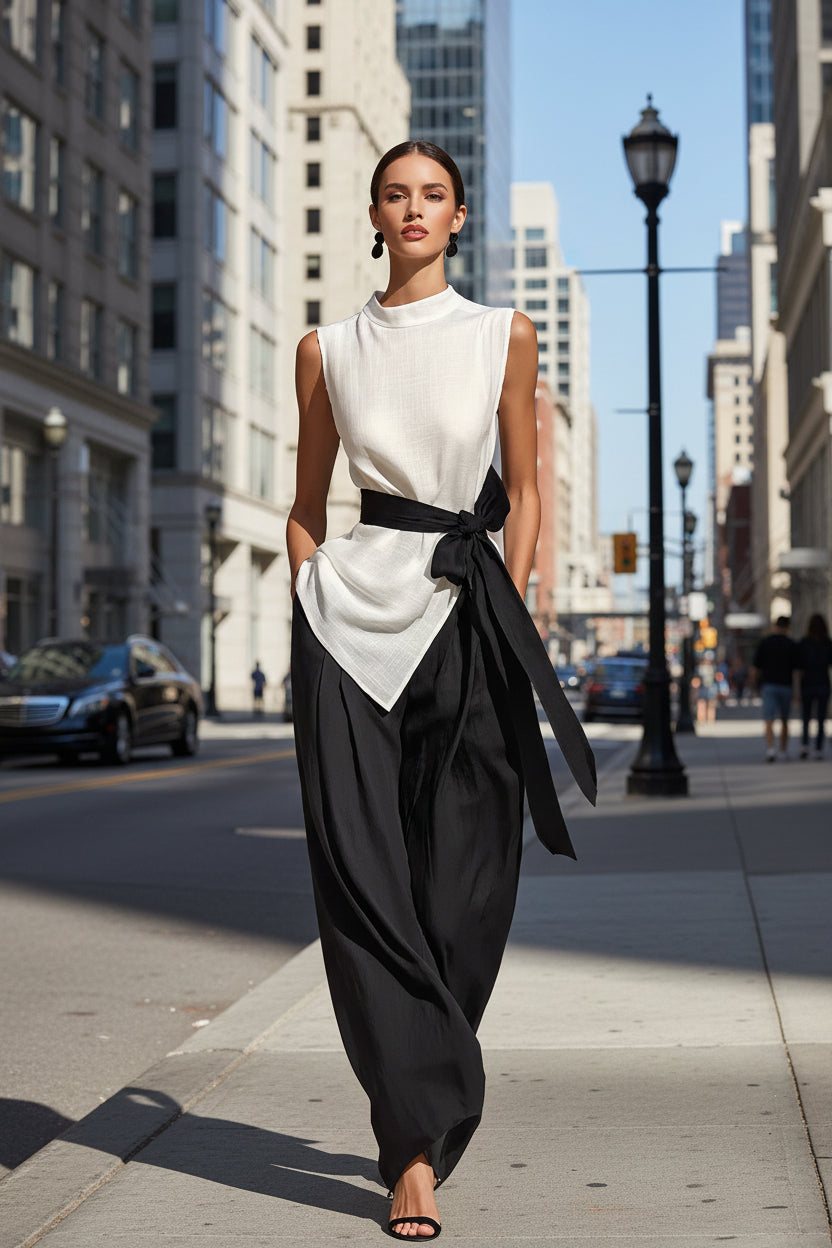 Women's Lace-Up Sleeveless Top & Wide-Leg Pants Set