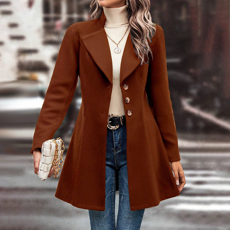 Women’s Winter Overcoat — Lapel Collar, Single-Breasted, Long Pea Coat