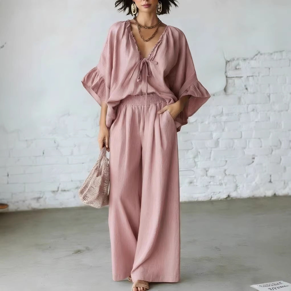 Women's Loose-Fit V-Neck Top & Wide-Leg Pants Two-Piece Set