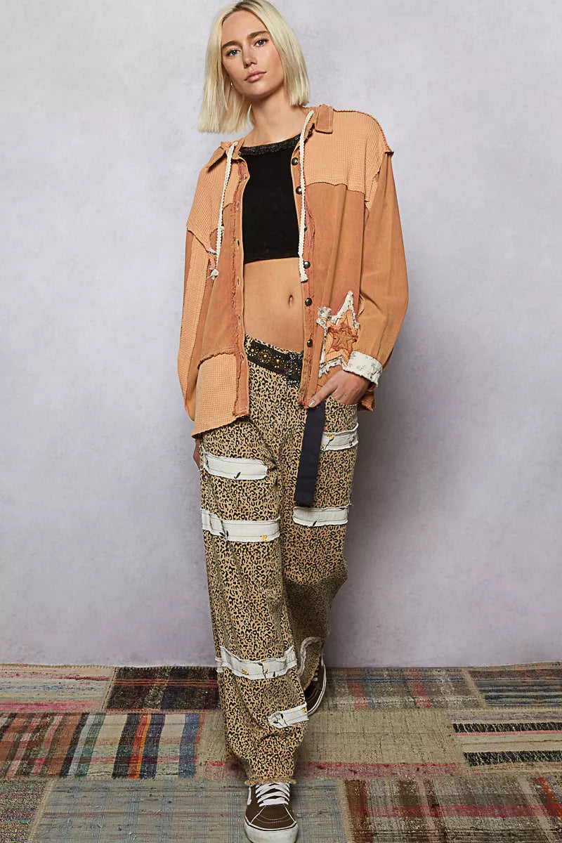 POL Button Down Hooded Jacket with Star Patch Pattern