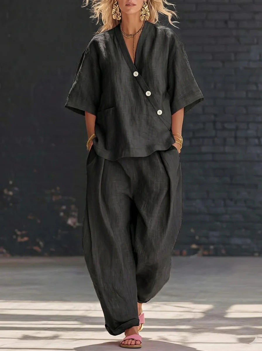 V-Neck Short Sleeve Top & High-Waist Trousers Two-Piece Set