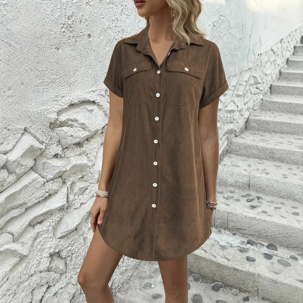 Women’s Retro Casual Corduroy Short Sleeve Shirt Dress