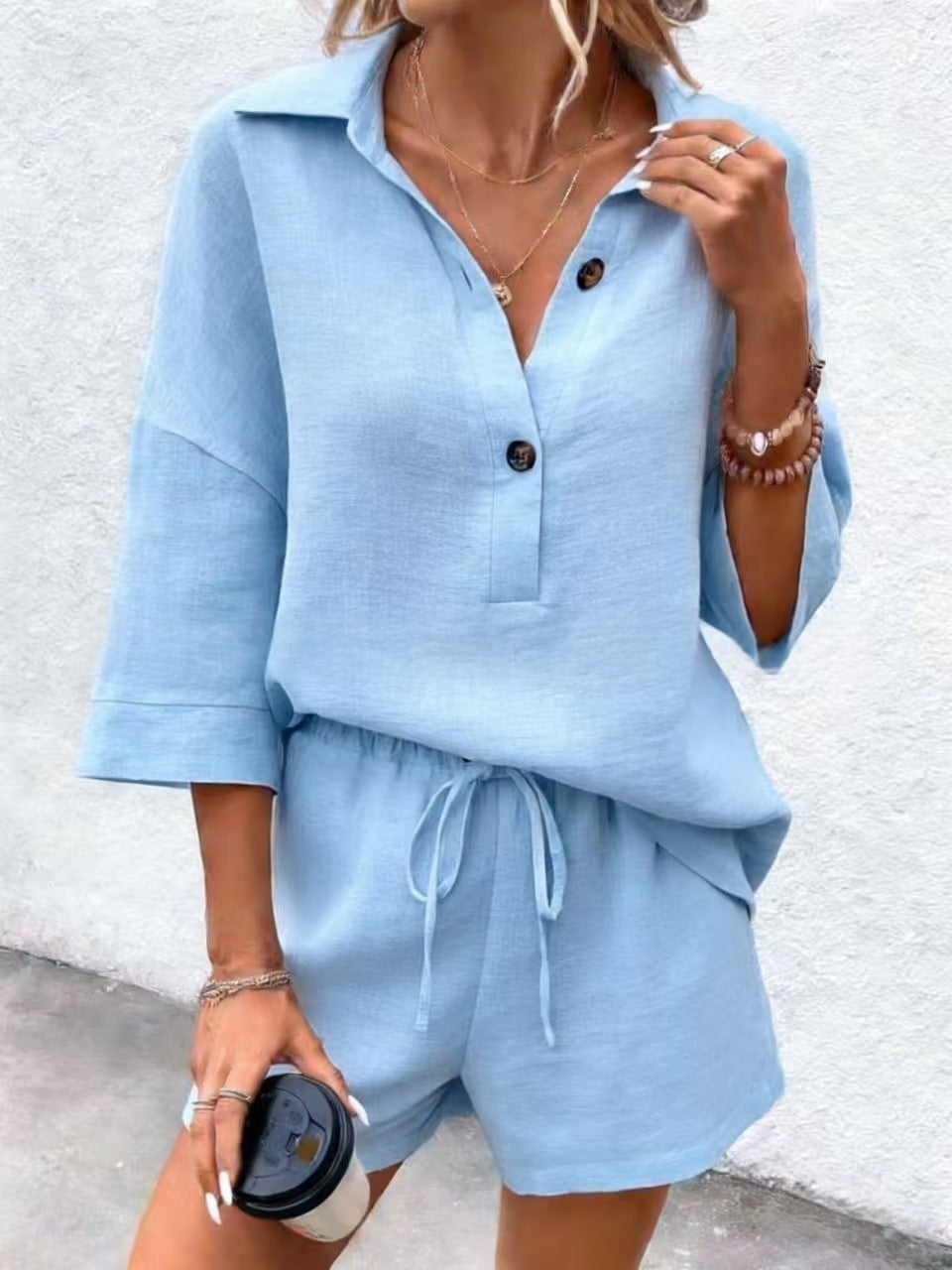 Women's Notch-Lapel Short-Sleeve Top & Belted Shorts Two-Piece Set