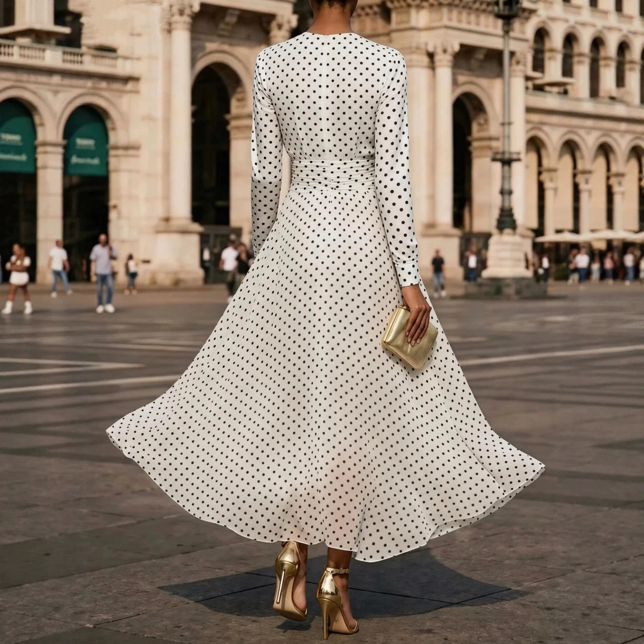 Round Neck Long Sleeve Polka Dot Sheath Dress