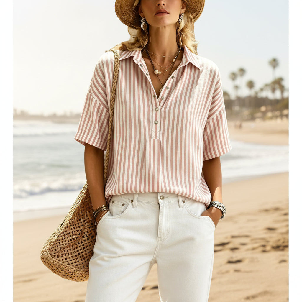 Women's Striped Short-Sleeve Shirt with Turn-Down Collar