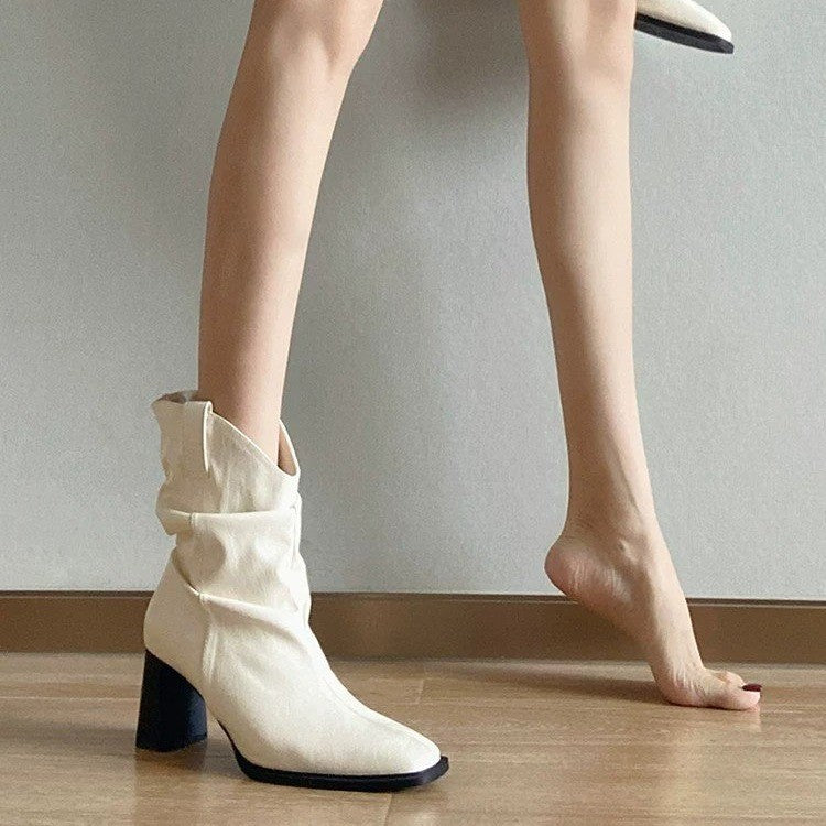 Women's French Luxury Ruched Square Toe Block Heel Slouch Ankle Boots