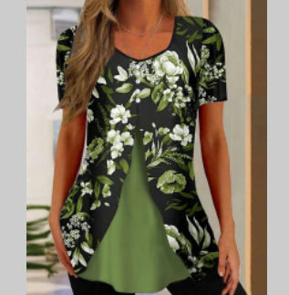 Women’s Printed Faux Two-Piece V-Neck Short Sleeve Top