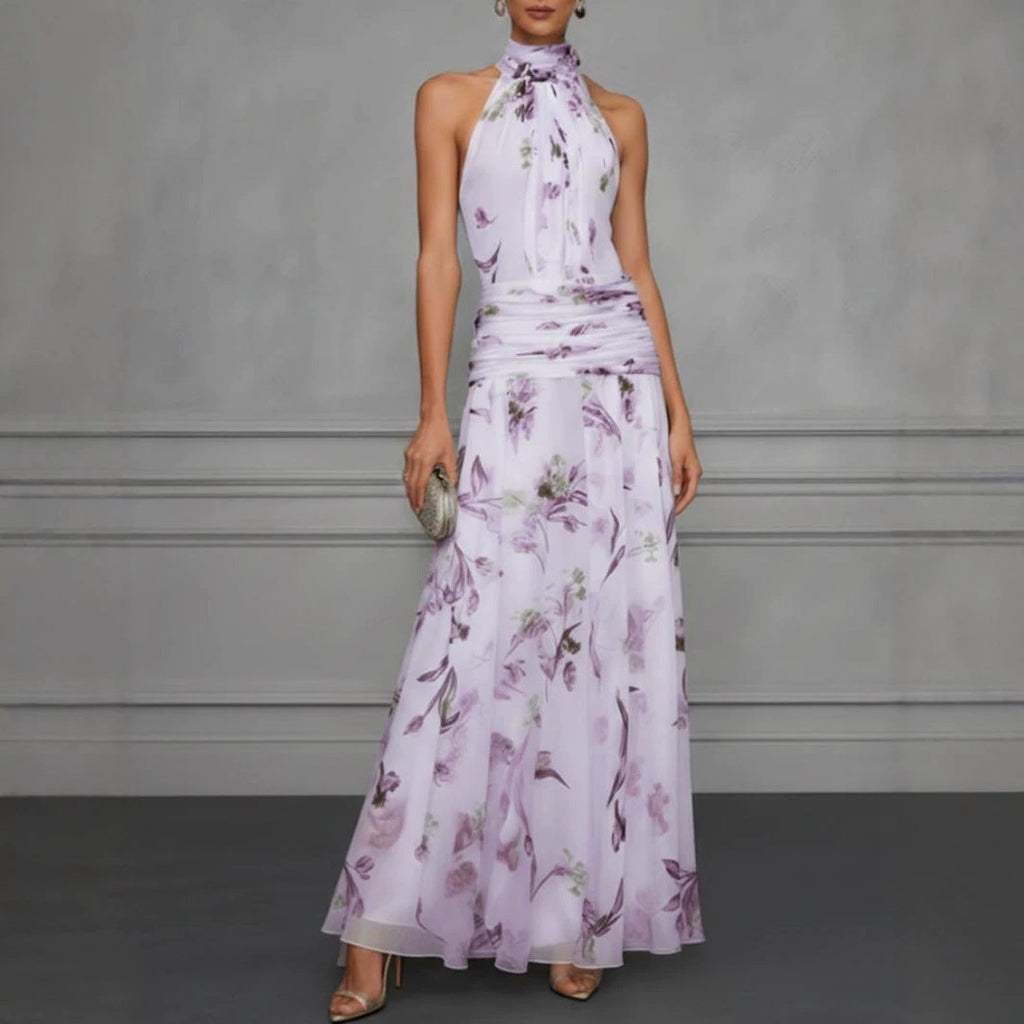 Halter Neck Printed Maxi Dress – Fitted Sleeveless Long Dress