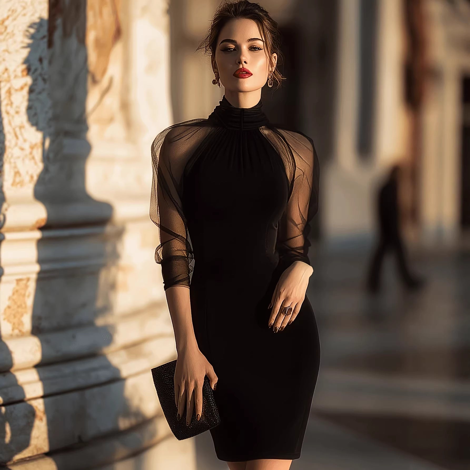 Black High Neck Long Sleeve Sheath Midi Dress – Mesh Overlay Formal Evening Dress