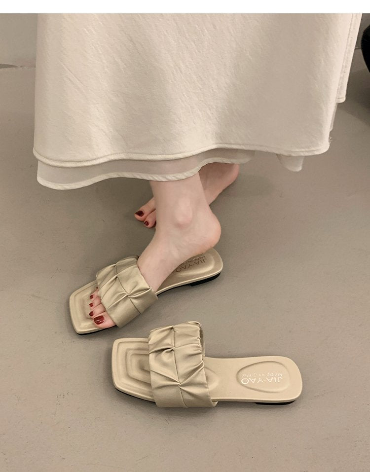 Minimalist Pleated Flat Slide Sandals – Square Toe Faux Leather