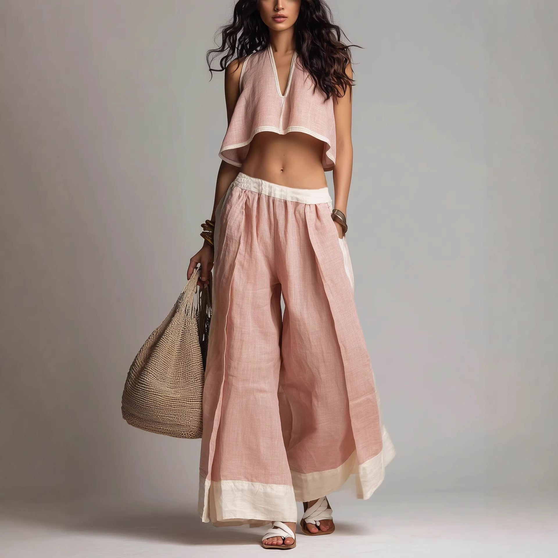 Sleeveless V-Neck Two-Piece Set – Solid Color Lounge & Casual Outfit