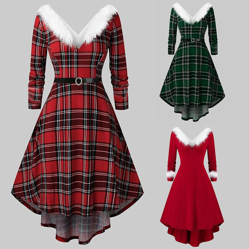 Christmas Women’s Fur Patchwork V-Neck Long-Sleeved Dress