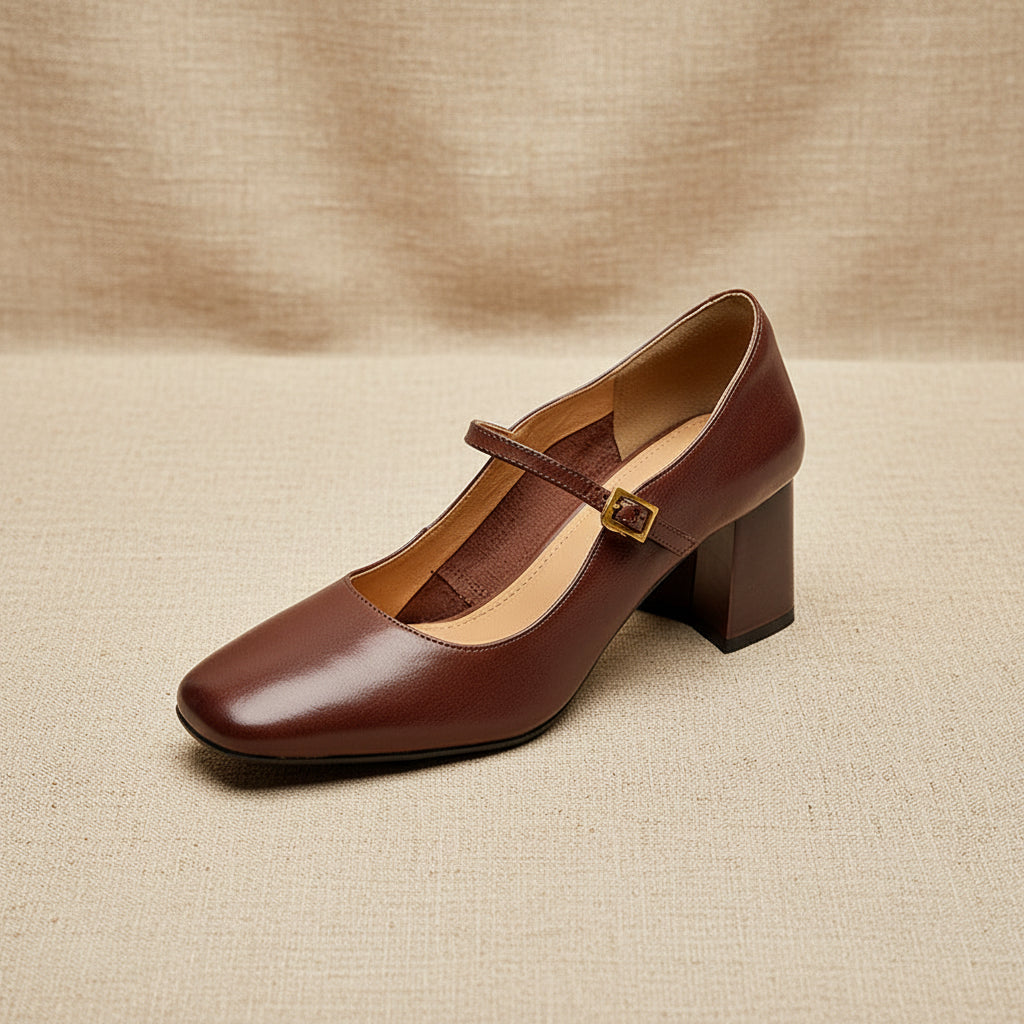 Women's Genuine Leather Mary Jane Block Heel Pumps