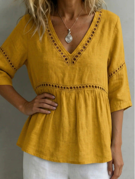 Women's V-Neck Hollow-Out Fringe Cotton-Linen Top