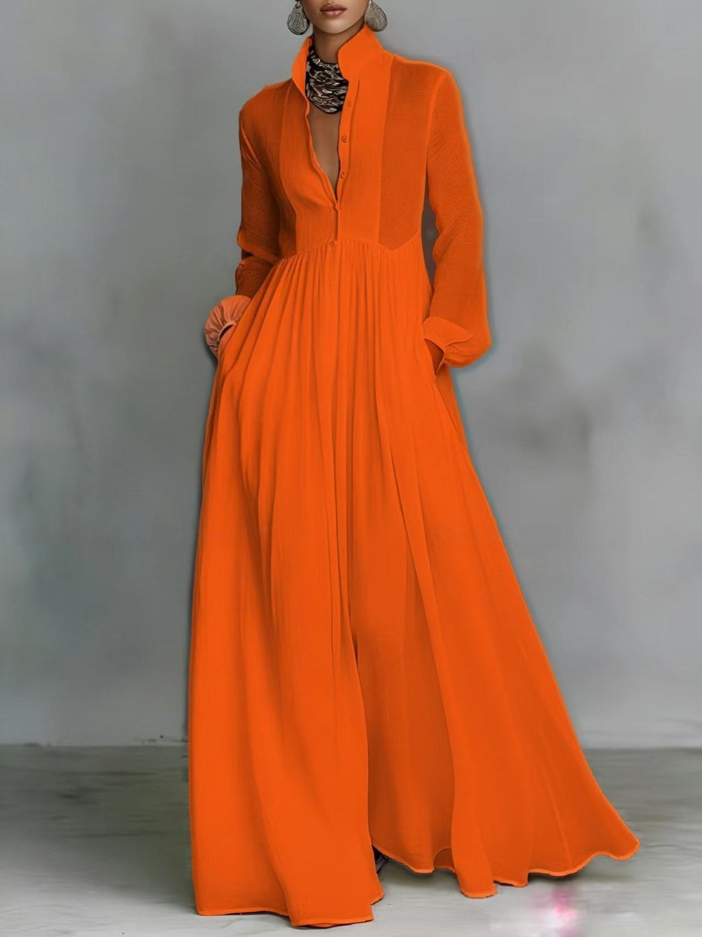 Women's French Style Long Sleeve Pleated A-Line Maxi Dress