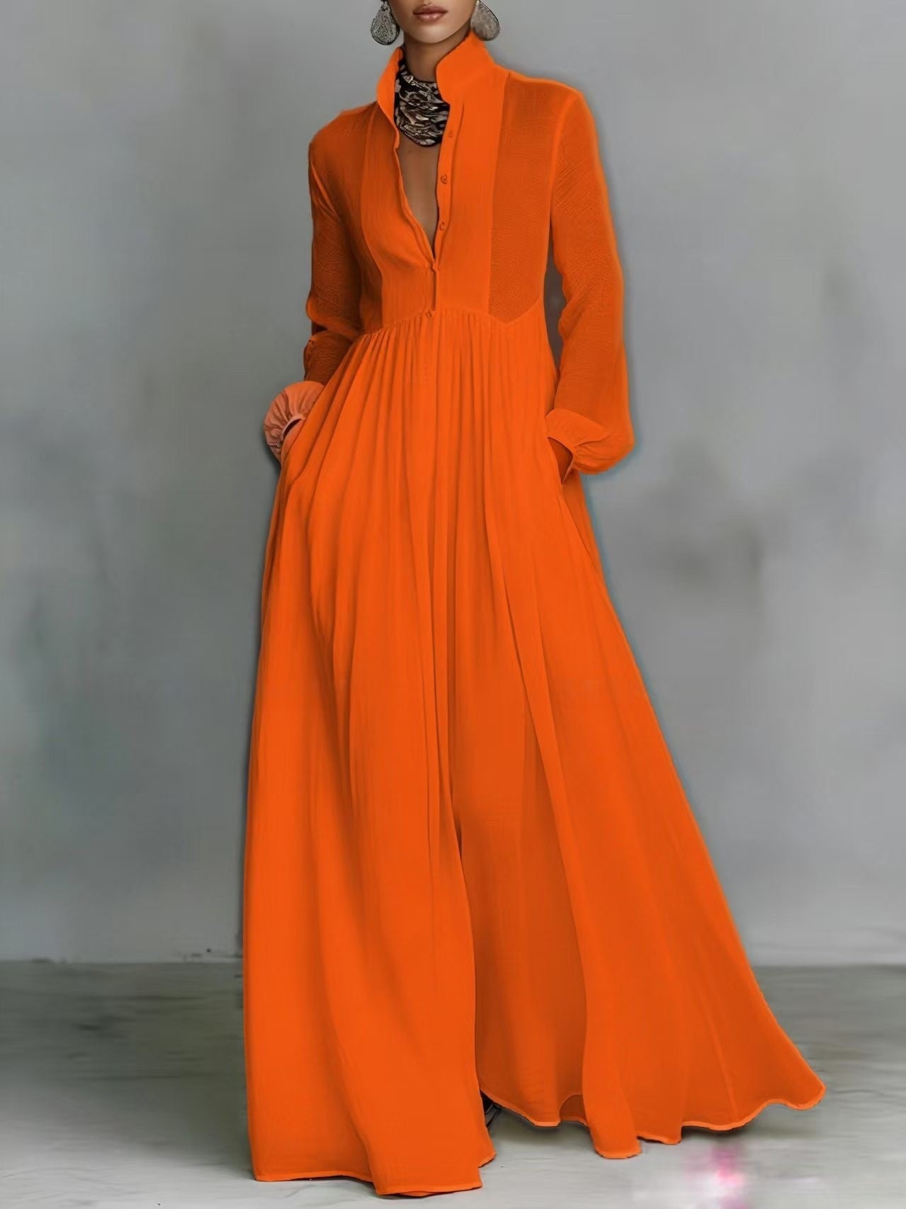 Women's French Style Long Sleeve Pleated A-Line Maxi Dress